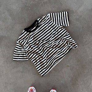 Men's Striped Cotton T-Shirt Short Sleeve O-Neck Casual Crop Fit Regular Knitted Black <b>White</b> Patterned Top - Product Image 2