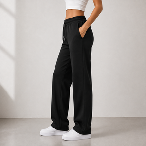 Black Knitted Wide Leg Pants High Waist Loose Fit Full Length Casual Solid Color Elastic Waist Fleece Sweatpants For Women - Product Image 3