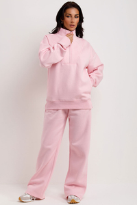 Custom Premium Pink Women 2 Piece Tracksuit <b>Set</b> – Half Zip Sweatshirt & Full Length Jogger <b>Sweat</b> <b>Set</b> | Fleece Lounge Wear - Product Image 2