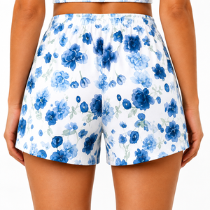 Women Breathable Collarless <b>Blue</b> Floral Printed 2 Piece Set Sleeveless <b>Crop</b> Tank <b>Top</b> Elastic Waist Shorts Casual Summer Outfit - Product Image 6