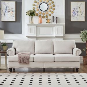Divano Moderno Classico a Tre Posti da 83 Pollici per Soggiorno, Rivestito in Poliestere Beige con Borchie, Design Moderno Classico - Product Image 2