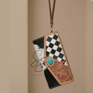 Portefeuille-pochette longue pour femme en cuir à poils, fait main, style western, motif à carreaux, avec dragonne et pierre turquoise - Product Image 3