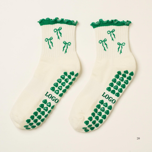 Women Ankle Grip <b>Socks</b> With Ruffles Bows Pattern Anti-Slip Grippy Bottom Cotton Knitted Floor <b>Socks</b> Custom Logo for Pilates Use - Product Image 3
