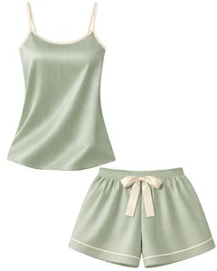Ensemble pyjama personnalisé en satin vert sauge pour femme, comprenant un haut de pyjama et un short, vêtements de nuit doux en soie, ensemble deux pièces pour l'été avec nœud - Product Image 1