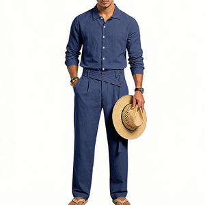 Ensemble décontracté pour homme, tenue d'été décontractée, coton tissé respirant, costume deux pièces, vêtements décontractés haut de gamme pour homme - Product Image 6
