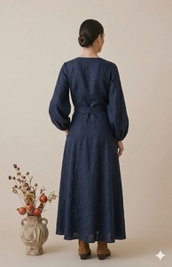 Vestido Maxi de Lino Personalizado para Mujer, Cuello en V, Manga Larga, Estilo Cruzado, Corte Regular, Transpirable, Uso Diario Informal, Estilo Vintage Natural - Product Image 4