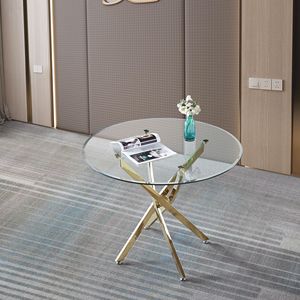 Tavolo da Pranzo Rotondo Contemporaneo in Vetro Temperato Trasparente con Gambe in Acciaio Inossidabile Finitura Oro - Product Image 2