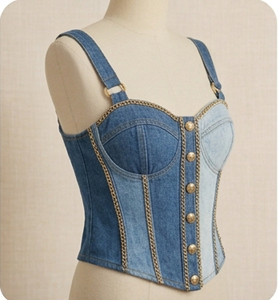 Top Corset de Mezclilla con Parches, Tirantes Finos, Botones al Frente, Ajustado, Estilo Casual para el Día a Día y Estilo Urbano - Product Image 1