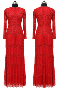 Vintage Red Luxury <b>Linen</b> Regular Sleeve Evening <b>Dress</b> Handmade <b>A</b>-<b>Line</b> Gown Built-in Bra Embroidered Front Logo - Product Image 3