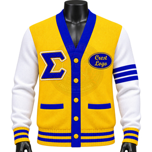 Cárdigan de punto con contraste azul y amarillo de la hermandad Sigma OEM para mujer, cuello en V, manga larga, estilo preppy, suéter con bordado de letras griegas - Product Image 3