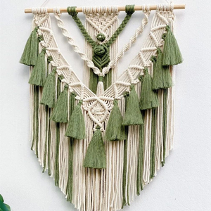 Tapisserie murale en macramé vert olive, style bohème, en corde de coton avec pompons, décoration murale pour chambre à coucher, salon, chambre d'enfant, 18x30 pouces - Product Image 2