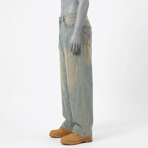 <b>Men's</b> High Waist Straight <b>Leg</b> Sand Wash Denim <b>Jeans</b> Loose Fit Casual Style Spring Cotton Fabric - Product Image 6
