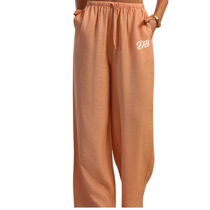 Pantalones Anchos de Mujer Color Durazno, Tejidos, con Cordón Ajustable, Corte Relajado, Casuales, Ligeros, Cómodos para Uso Diario - Product Image 1