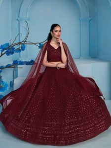 Conjunto de Lehenga Maxi de Satén con Encaje Borgoña, Corte en A, Sin Mangas, Bordado, Vestido de Noche de Dos Piezas con Dupatta de Tela de Red, para Banquetes y Bodas - Product Image 3