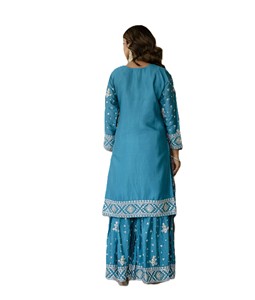 Ensemble Salwar Kameez en soie brodée bleue avec dupatta pour femme, tenue traditionnelle indienne pour mariage, coupe régulière longueur entière - Product Image 6