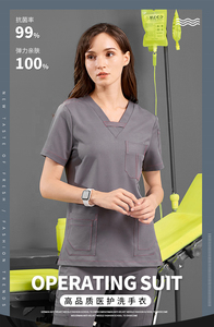 Women Blue V-Neck <b>Scrub</b> <b>Tops</b> With Pockets Cotton Polyester Woven Hospital Uniforms - Product Image 5
