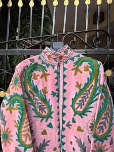 Premium Pink Velvet Floral <b>Embroidered</b> Suzani <b>Jacket</b> Full Sleeve Stand Collar Handmade Bohemian <b>Women</b> Winter Outerwear - Product Image 2