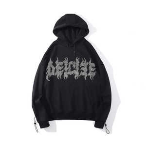 Sweat à capuche streetwear oversize noir avec strass et motif flamme réfléchissant, coupe ample, en coton épais, pour homme et femme, hiver - Product Image 1