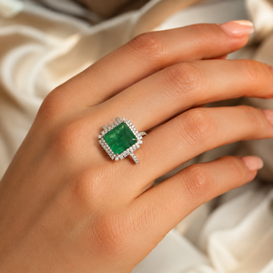 Natural Emerald Luxury Engagement <b>Ring</b> with White Zircons American Diamond Sterling Silver <b>Gold</b> Plated Square Cut <b>Cocktail</b> <b>Ring</b> - Product Image 2