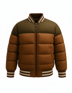 <b>Mens</b> Brown Hooded Color Block Varsity Puffer <b>Jacket</b> Winter Quilted Waterproof Breathable Eco-Friendly Zip Front Custom OEM ODM - Product Image 1