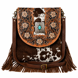 Sac bandoulière artisanal en cuir de vachette à poils, style western, motif floral, avec franges vintage, sac messager pour femme - Product Image 1
