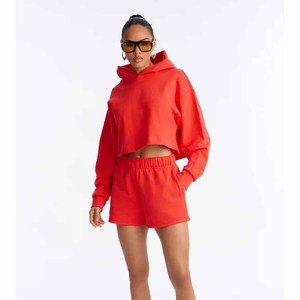 Women's <b>Red</b> Fleece Hooded <b>Crop</b> <b>Top</b> Shorts Set Casual Two Piece Outfit Loose Fit Spring Summer Solid Color Knitted Sweatwear - Product Image 4