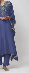 Floral Embroidered Blue Silk Abaya V Neck Loose Fit Three Quarter Sleeve Modest Women's Dress Daily Wear Middle East Style - Product Image 4