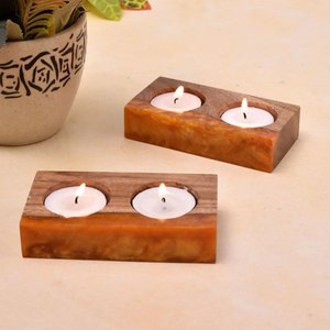 Eco Friendly Wood & Resin <b>Tea</b> <b>Light</b> Holder Rectangular Shape With Two Candle Stand holder For Home Decoration Durable Design - Product Image 3
