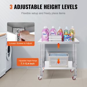 Banco da Lavoro in Acciaio Inox Resistente 35 X 24 X 33 Pollici, Capacità di Carico 700 LBS, 4 Ruote, 3 Livelli di Altezza Regolabili per Alimenti - Product Image 5