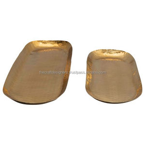 Hammered Stainless Steel <b>Serving</b> <b>Trays</b> Oval Shape Small Large Size Dishes & Plates Dessert Snacks Drinks Serve <b>Gold</b> <b>Tray</b> Sets - Product Image 3