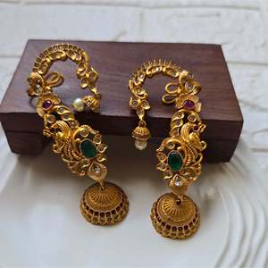 Gold Plated Butterfly Cuff Earrings with Pearl-Trendy Stainless Steel Brass & Copper Drop Studs - Product Image 3