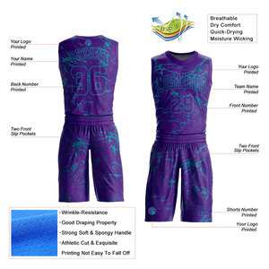 Purple Sublimated Basketball Jersey Set Team Name 00 Moisture Wicking Mesh Sleeveless <b>Athletic</b> Fit Adult Unisex - Product Image 2