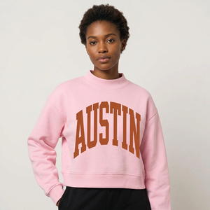 Sweat-shirt rose à col rond pour femme OEM avec impression de lettres Austin, vêtements de sport personnalisés pour le campus universitaire, sweat-shirts graphiques pour les jours de match - Product Image 1
