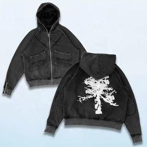 Vente en gros 100% coton lavé à l'acide hommes sweat à capuche zippé Vintage nouveau Design recadrée brodé vêtements d'hiver - Product Image 1