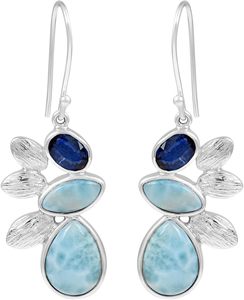 Flower Shape Drop <b>Earrings</b> With Sapphire And Larimar Gemstone In <b>Solid</b> 925 Sterling <b>Silver</b> Bezel Setting For Women Bohemia Style - Product Image 5