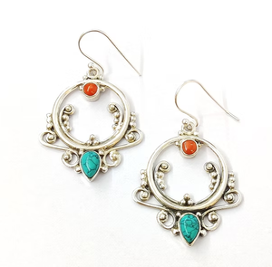 Boho 925 <b>Silver</b> Turquoise Coral Teardrop <b>Dangle</b> <b>Earrings</b> - Handmade Filigree Ethnic Party Fine Jewelry for Women - Product Image 2
