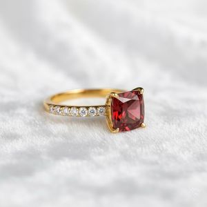 Cushion Cut Red Garnet <b>Ring</b> 925 Sterling <b>Silver</b> 14K Gold Plated <b>Solitaire</b> Dainty Pave Engagement Promise <b>Ring</b> - Product Image 5