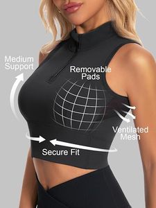 Haut de sport court sans manches pour femme, col montant zippé, respirant, tricoté, gris, tenue de sport active, printemps-été, maintien élevé - Product Image 4