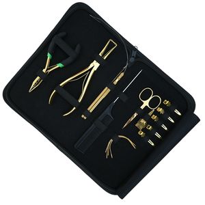 Hair Extension Tools Kit Rexine <b>Case</b> Comb Sectioning Clips Finger <b>Needle</b> Scissor Loop Wire Hook 3 Hole Crimping Remover Plier - Product Image 1