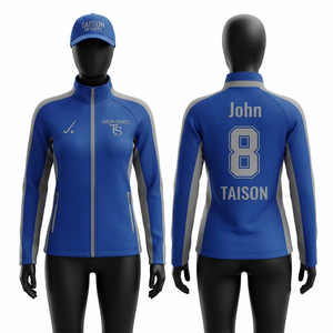 Unisex Field Hockey Training Pullover <b>Hooded</b> Jacket 330g Polyester/Rayon Fabric Royal Blue Gray Contrast Panels Full <b>Zip</b> Pocket - Product Image 1