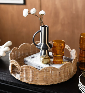 Plateau de service en rotin pour restaurant, prix de gros, design rond en rotin tressé avec poignées - Product Image 1