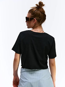 Women's Black <b>Cropped</b> T-Shirt Crew Neck Short Sleeve Loose Fit Solid Color Casual Jersey 100% Cotton Spring Summer Wear - Product Image 3