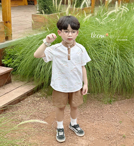 Ensemble décontracté d'été de haute qualité, imprimé motif plage, en coton, chemise polo et short tendance pour tout-petit garçon - Product Image 1