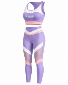 Conjunto de Yoga Color Morado con Bloques de Color, Top Corto y Leggings de Cintura Alta, Ribete en Contraste, Secado Rápido, Spandex y Poliéster, 2 Piezas - Product Image 5