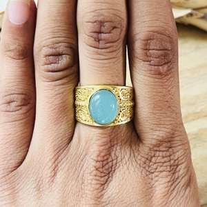 Fashionable Design Aquamarine <b>Rings</b> Boho Brass Band Women 18k <b>Gold</b> Plated Filigree Scroll <b>Cocktail</b> Design <b>Ring</b> Wholesale/OEM/ODM - Product Image 6