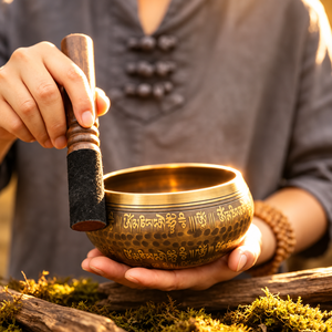 Handcrafted Antique Brass Singing <b>Bowl</b> with Intricate Buddha Mandala Engraving Wooden Mallet and <b>Red</b> Gold Embroidered - Product Image 2