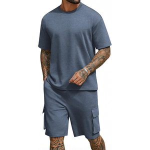 Conjunto de Camiseta y Pantalones Cortos Casuales de Verano para Hombre, Color Gris, Cuello Redondo, Color Sólido, Transpirable, Tejido de Punto, 100% Algodón - Product Image 5