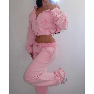 Ensemble de survêtement pour femme en velours noir uni, tricoté et brodé, veste zippée et pantalon évasé, tenue décontractée 2 pièces style streetwear - Product Image 4