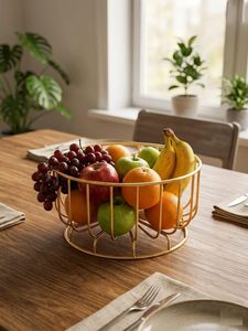 Corbeille à fruits en fil d'or, faite à la main, en métal, support décoratif pour fruits, panier de rangement pour comptoir de cuisine, table à manger - Product Image 2