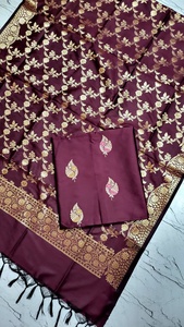 Tela de seda Rich Katan de tres piezas con tejido artístico de Zari y Meena, material de vestido sin coser para ocasiones especiales. - Product Image 2